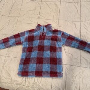 Eddie Bauer Fuzzy Plaid Sweater - Red and Blue